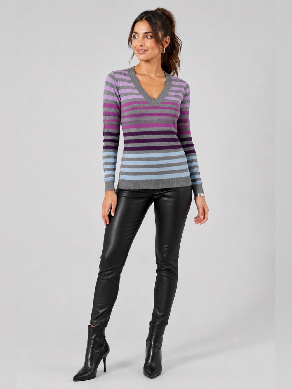 New York & Company Striped V-Neck Sweater in Gray, Purple and Blue